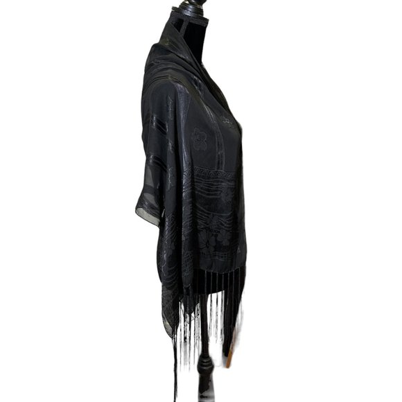 Unbranded Scarf Womens Long Rectangle Black Flower Stripes Semi Sheer Fringe - Picture 4 of 9